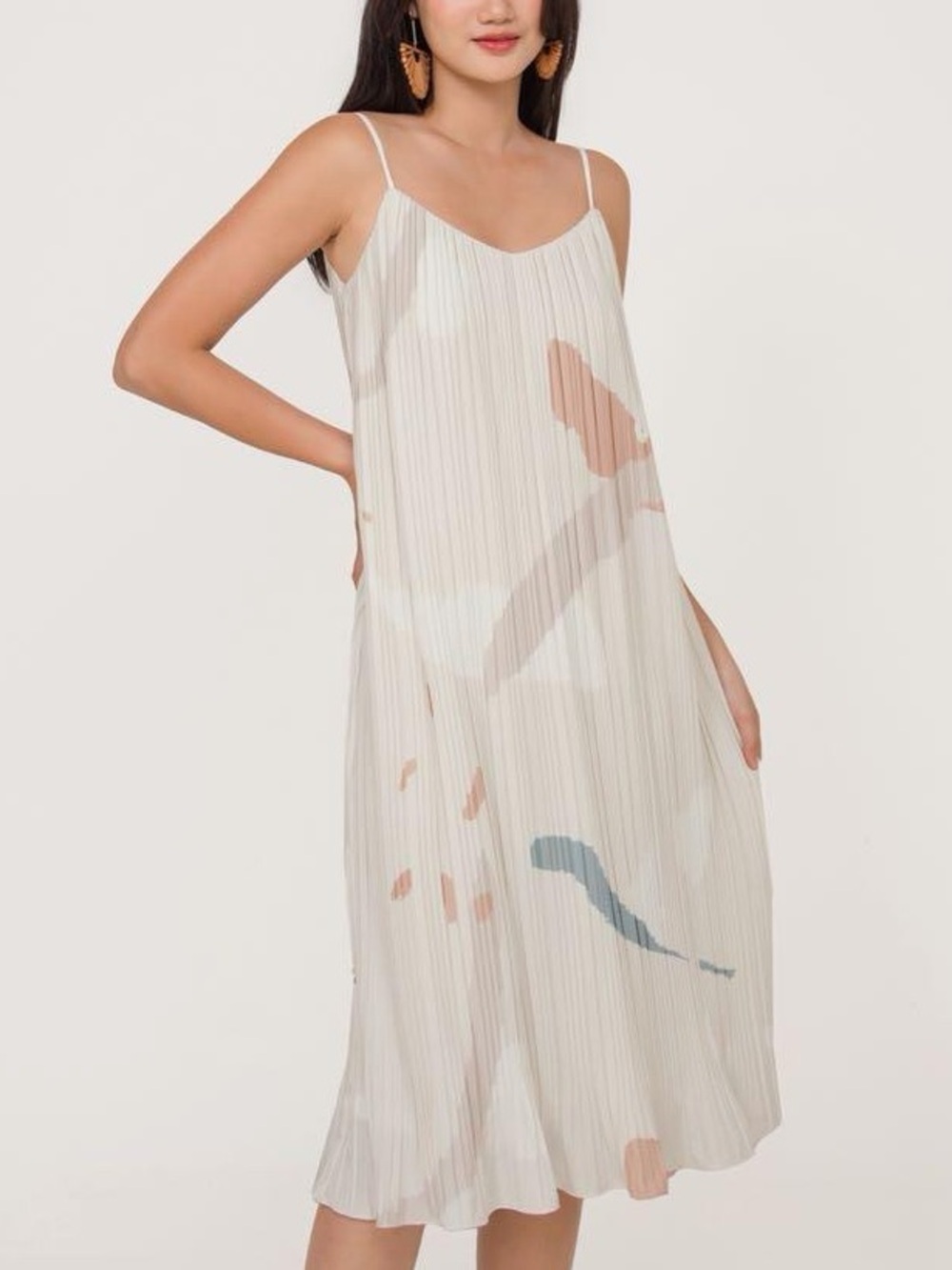 Watercolor Pastel Cream Pleated Slip Dress